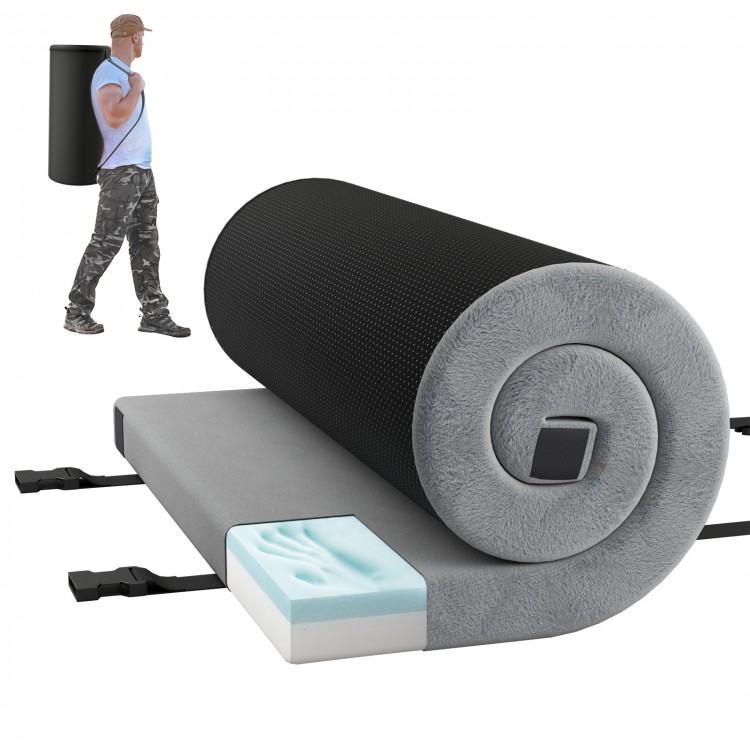 Foldable camping mattress in gray with high-density foam, anti-slip bottom, ideal for camping and travel.