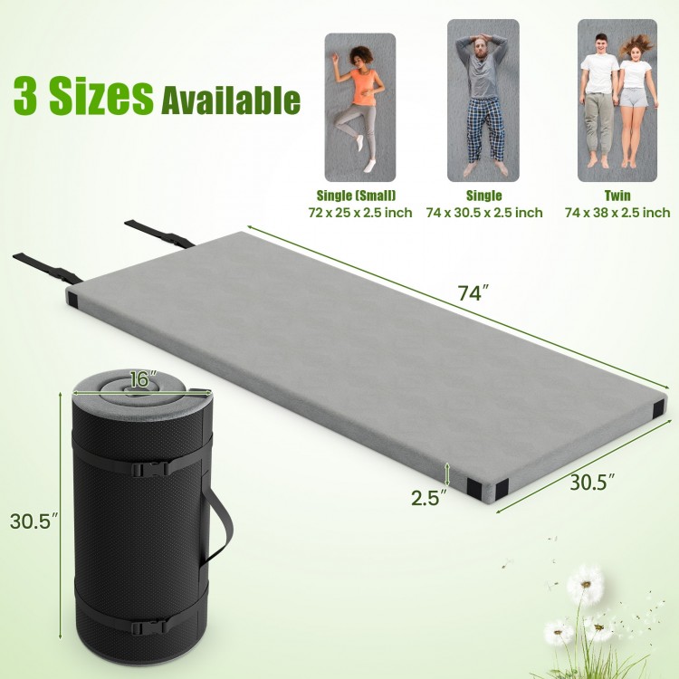 Foldable camping mattress in gray with high-density foam, featuring an anti-slip bottom for safe outdoor use.