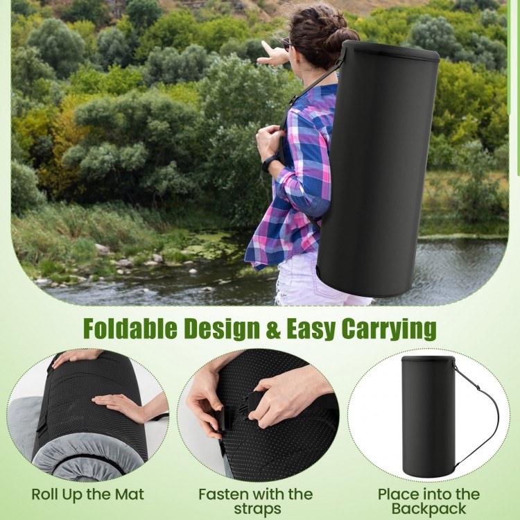 Foldable camping mattress with gray plush cover and anti-slip bottom, ideal for outdoor activities and easy carrying.