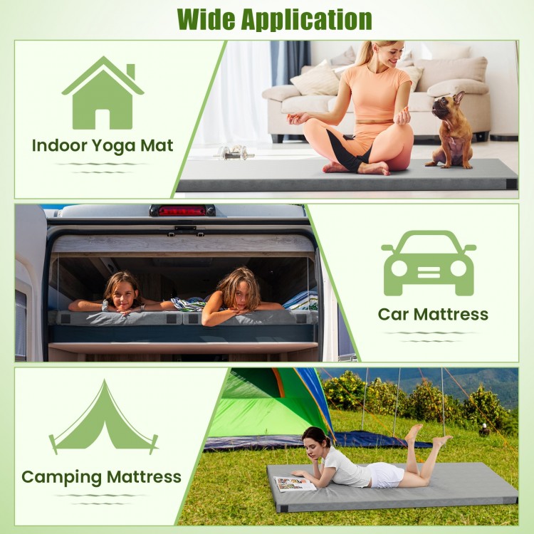 Foldable gray camping mattress with high-density foam, waterproof cover, ideal for camping, picnics, and travel.