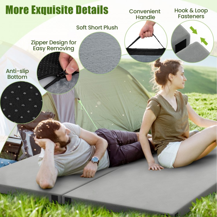 Foldable camping mattress in gray with high-density foam, waterproof cover, and anti-slip bottom for outdoor comfort.