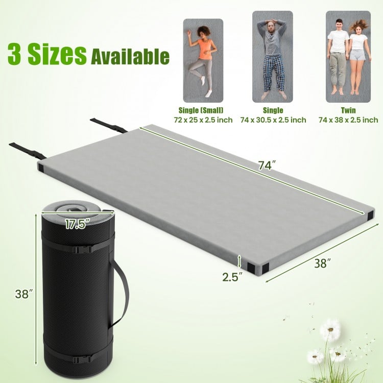 Indoor outdoor sleeping mat with high-density foam, foldable design, and carrying bag, ideal for camping and travel.