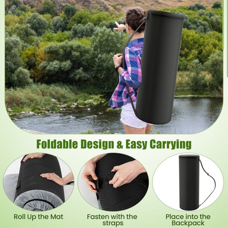 Foldable indoor outdoor sleeping mat with high-density foam, waterproof cover, and carrying bag for easy transport.