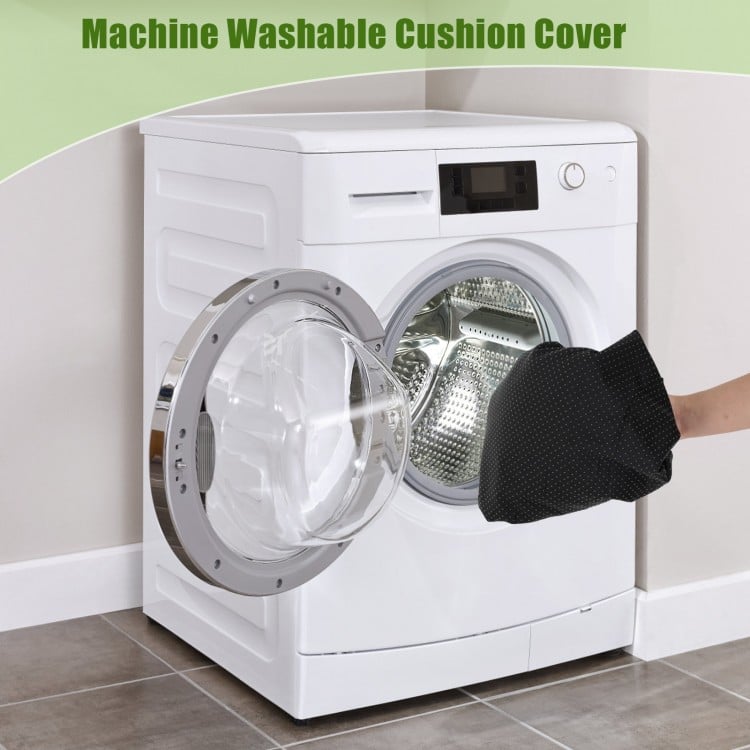 Machine washable cushion cover shown being placed in a washing machine, designed for the indoor outdoor sleeping mat.