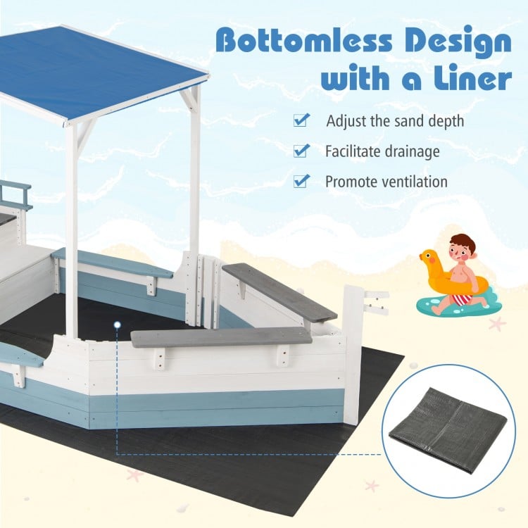 Pirate ship sandbox with canopy, built-in bench, and bottom liner for kids' outdoor play in the backyard.