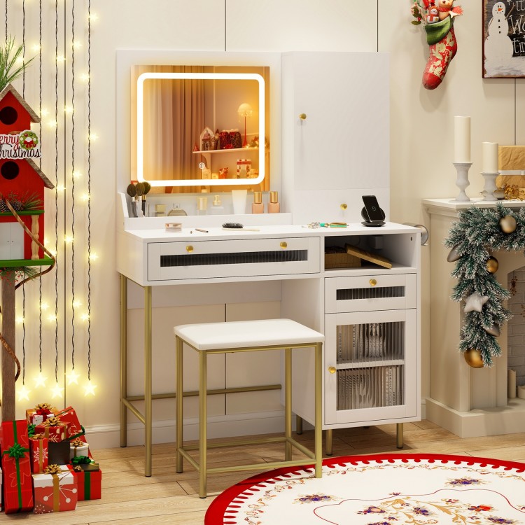 Modern makeup vanity desk in white with LED mirror, storage drawers, and matching stool, ideal for organized beauty.