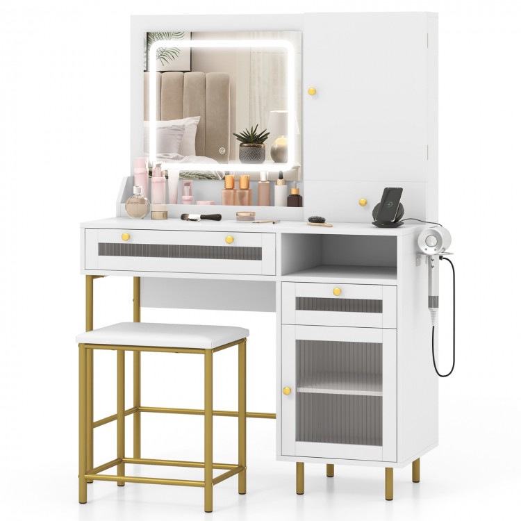 Modern makeup vanity desk set in white with LED mirror, storage drawers, and matching stool for stylish organization.