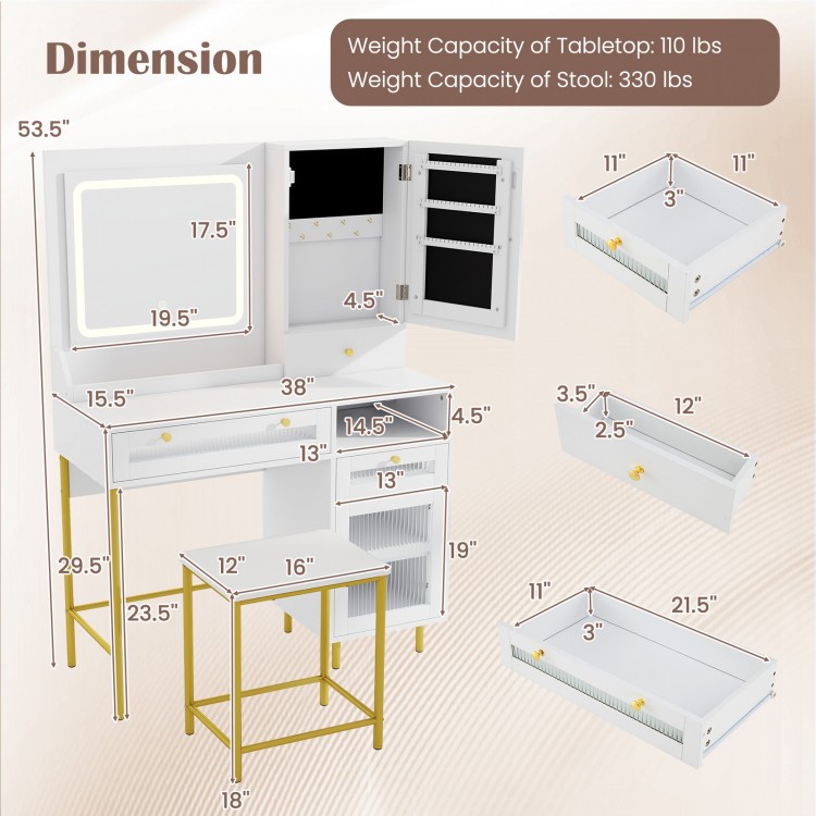 Modern makeup vanity desk with adjustable LED mirror, storage drawers, and matching stool for stylish organization.
