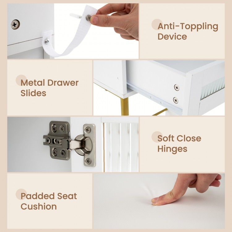 Detail of the Modern Makeup Vanity Desk showing soft close hinges, padded seat cushion, and anti-toppling device.