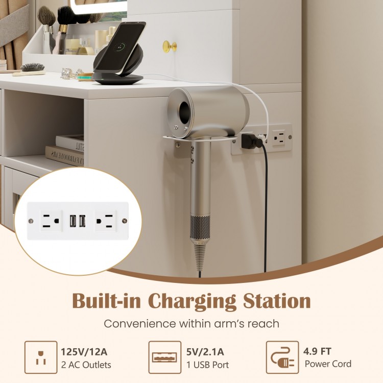 Modern makeup vanity desk with built-in charging station, USB ports, and adjustable LED lights for convenience and.