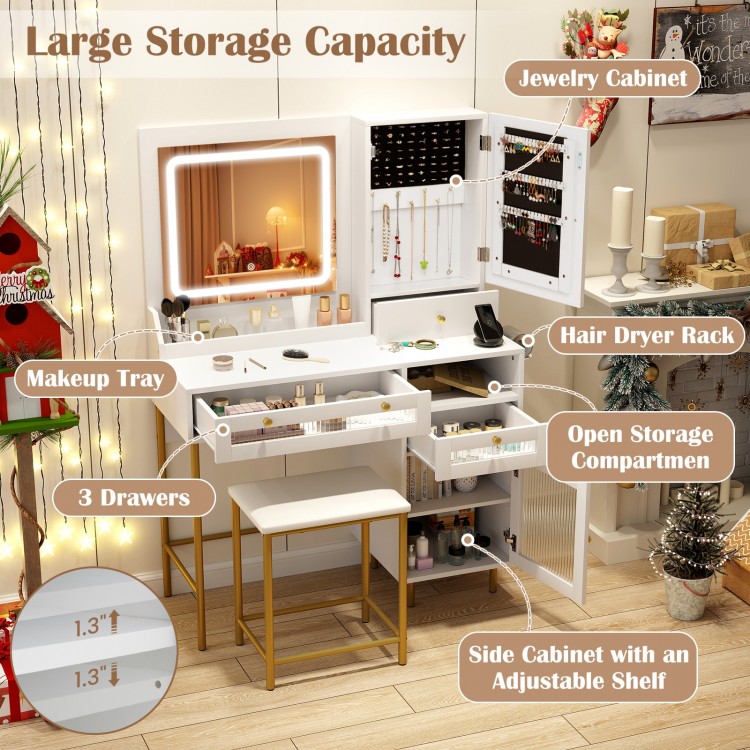 Modern white makeup vanity desk with mirror, adjustable LED lights, and large storage capacity for organized beauty.