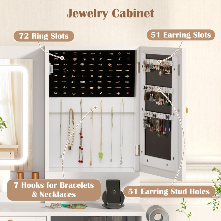 Jewelry cabinet interior featuring 72 ring slots, 51 earring slots, and hooks for necklaces, ideal for organized.