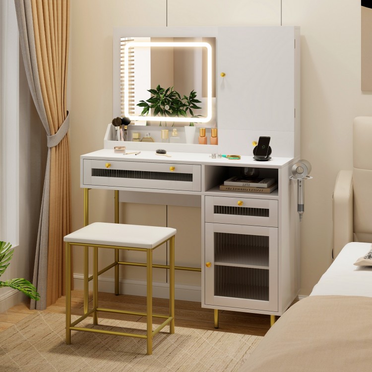 Modern makeup vanity desk in white with adjustable LED mirror, storage drawers, and matching stool for stylish.