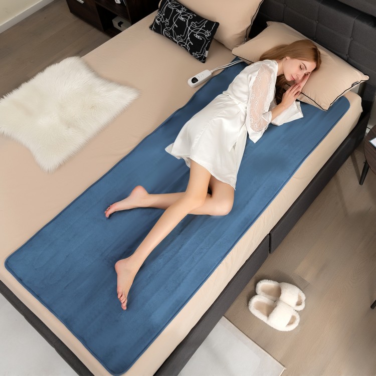 Electric heated mattress pad in blue on a bed, featuring soft flannel, 5 heating levels, and overheat protection.