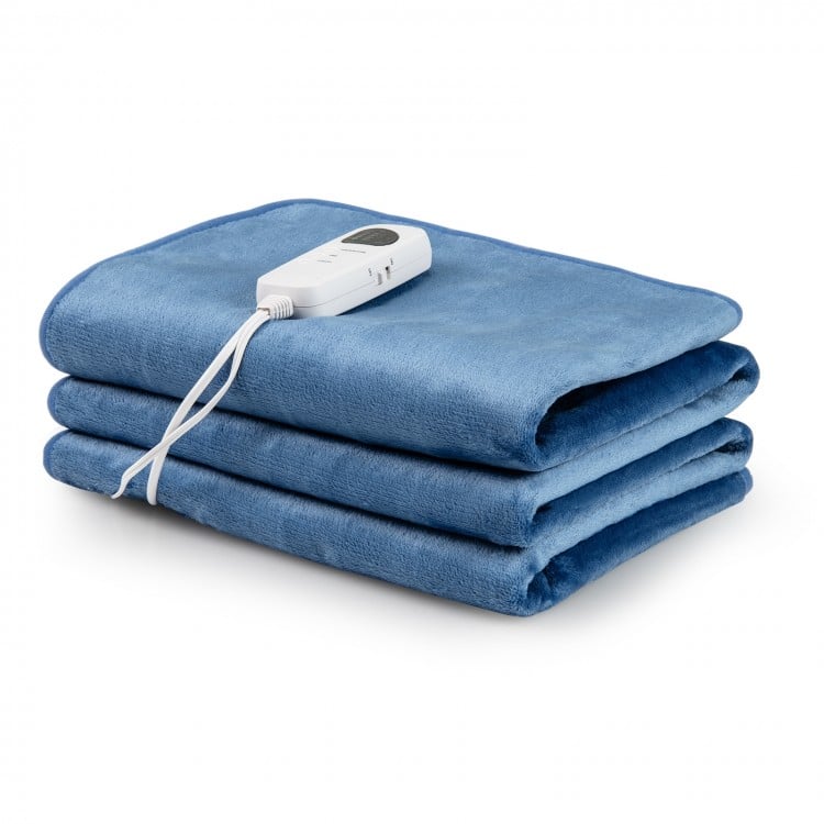 Electric heated mattress pad in blue, featuring 5 heating levels and overheat protection, ideal for cozy sleeping.