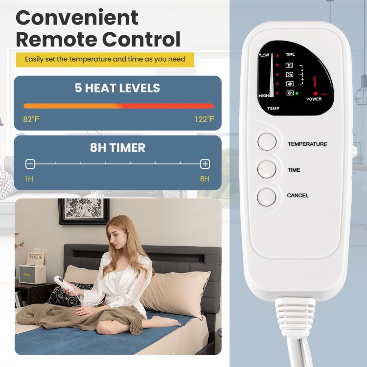 Electric heated mattress pad in blue with remote control, featuring 5 heat levels and 8-hour timer for flexible use.