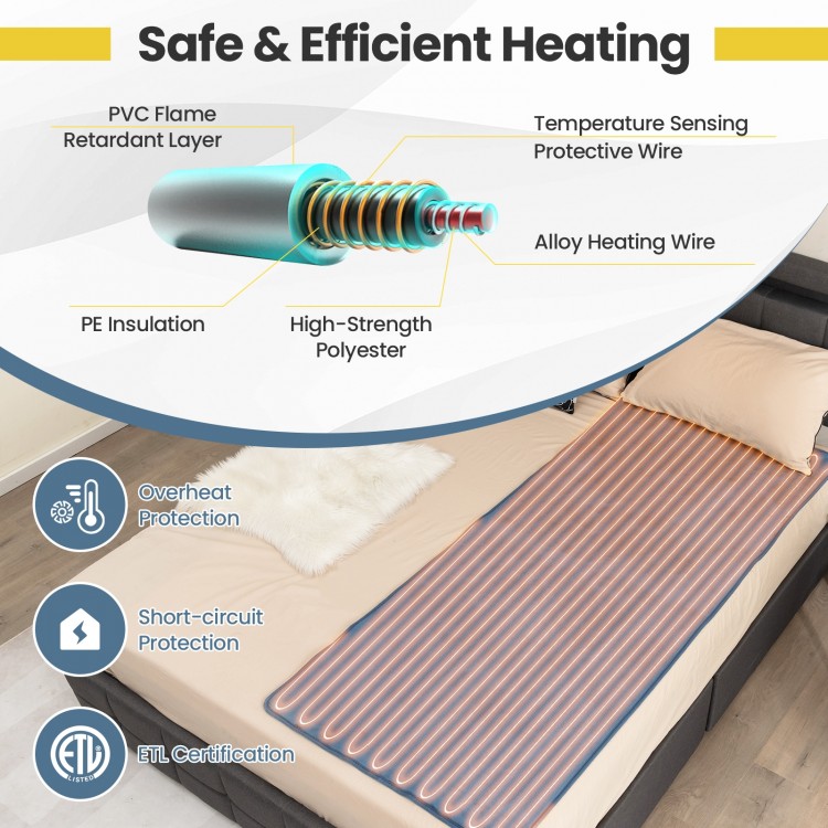 Electric heated mattress pad in blue with 5 heating levels, featuring overheat protection and soft flannel for comfort.