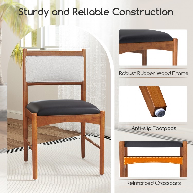 Wooden dining chair with rubber wood frame, faux Sherpa backrest, and anti-slip footpads for secure seating.