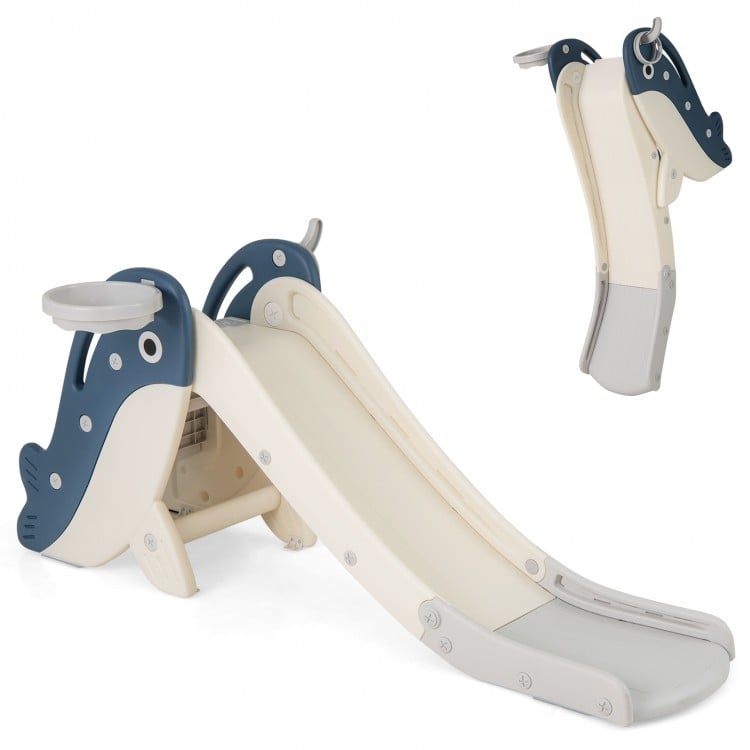 Foldable baby slide climber playset in blue with whale design, featuring secure handrails and basketball hoop for kids.