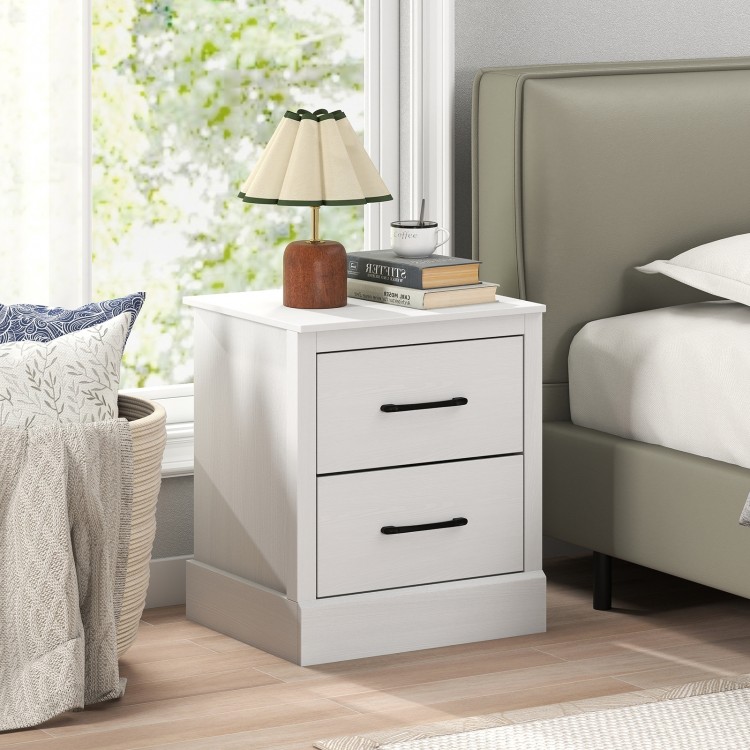 White wood compact nightstand with two storage drawers, featuring a smooth top and farmhouse style for bedroom or.