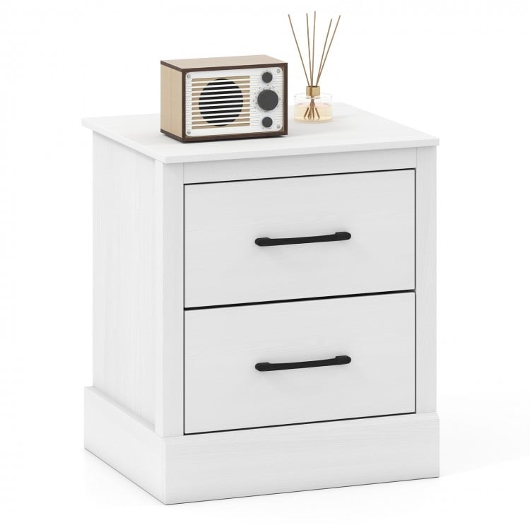 White wood compact floor nightstand with two storage drawers, featuring a smooth top and farmhouse style for versatile.