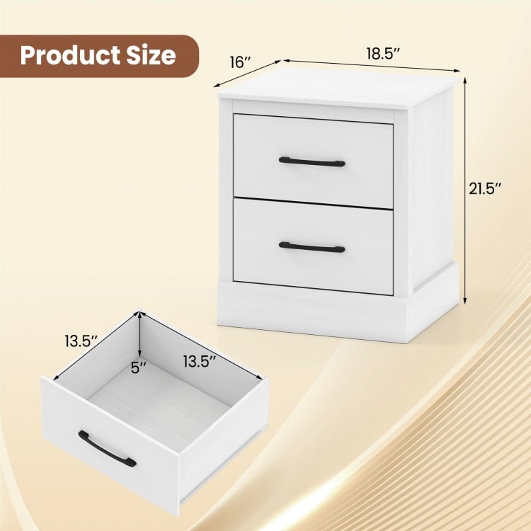White wood compact floor nightstand with two storage drawers, featuring smooth metal slides and farmhouse style for.