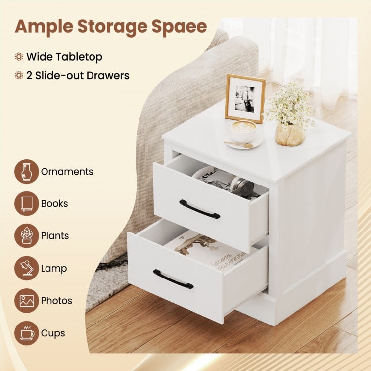 White wood compact floor nightstand featuring a square top and two pull-out drawers, ideal for bedroom or living room.