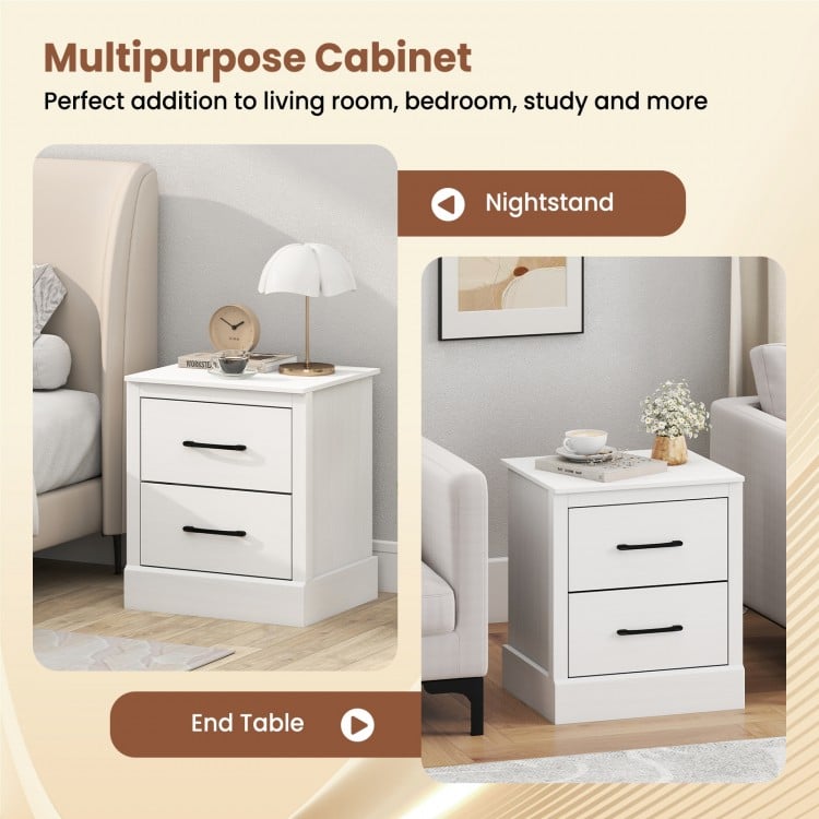 White wood compact nightstand with two storage drawers, perfect for living room or bedroom use.