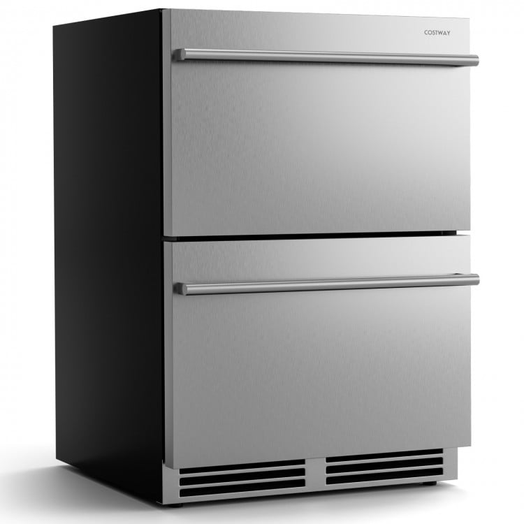 24-inch under counter dual drawer fridge in silver with 4.9 cu ft capacity, adjustable temperature, and smooth.