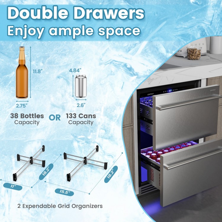 Dual drawer fridge with silver finish, holding 38 bottles or 133 cans, featuring expandable grid organizers for.