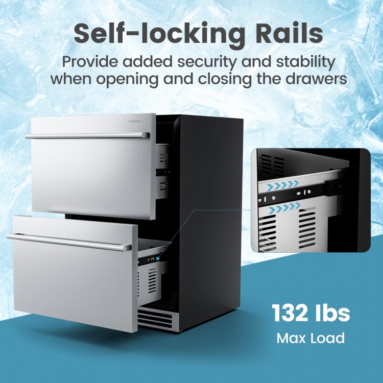 24-inch dual drawer fridge with self-locking rails, silver finish, holding up to 133 cans for convenient drink storage.