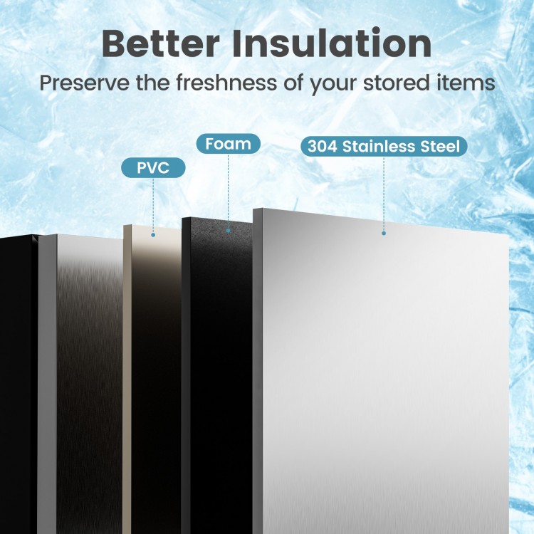 Close-up of the 24-inch dual drawer fridge showcasing 304 stainless steel, PVC, and foam insulation for optimal.