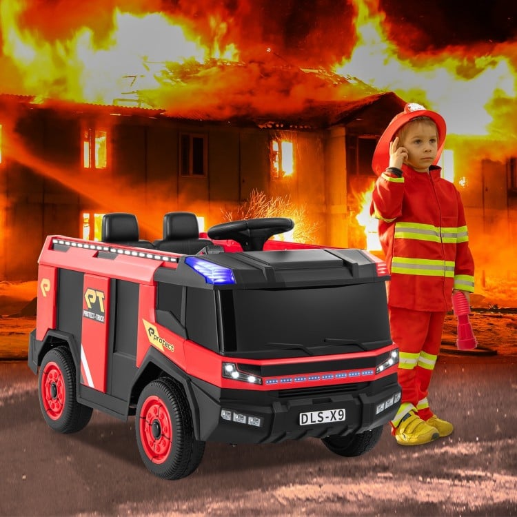 12V kids ride-on fire truck in red with water gun, remote control, and 2-seater for fun outdoor playtime.