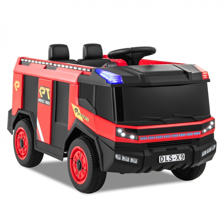 Red 12V kids ride-on fire truck with remote control, water gun, and two-seater for fun outdoor play.