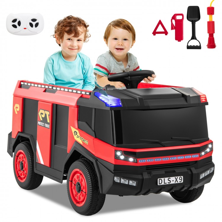 Red 12V kids ride-on fire truck with remote control, water gun, and two-seater design for fun outdoor play.