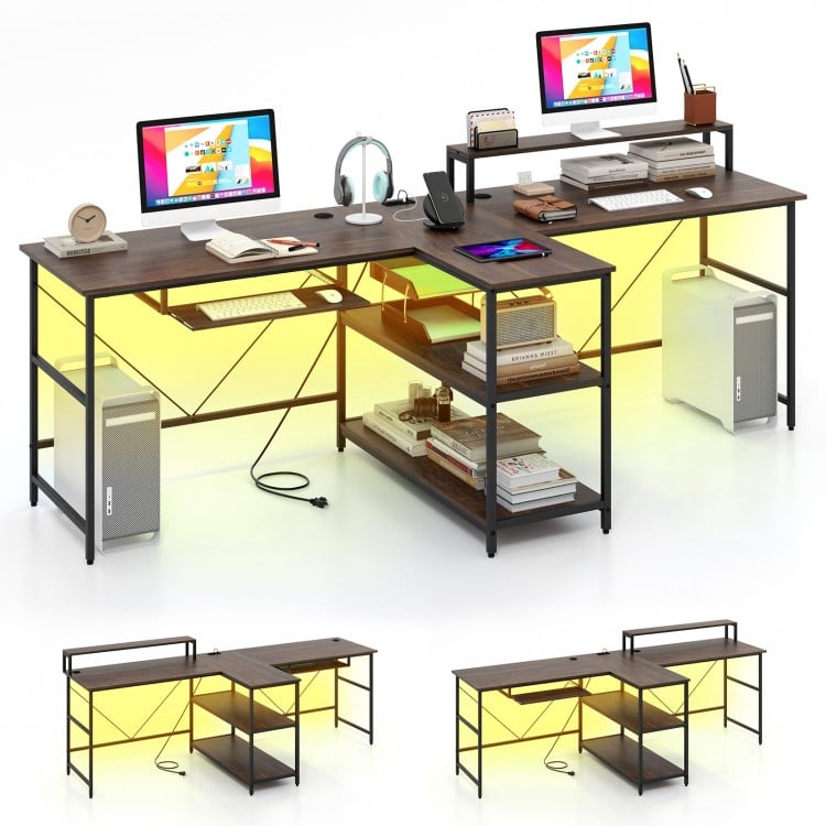 2-Person Reversible Computer Desk Long Office Desk with LED Lights - Gallery View 1 of 10