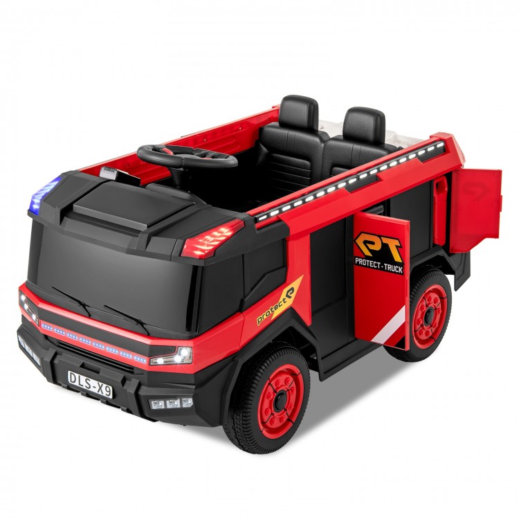 Red 12V kids ride-on fire truck with two seats, remote control, water gun, and LED lights for fun outdoor play.