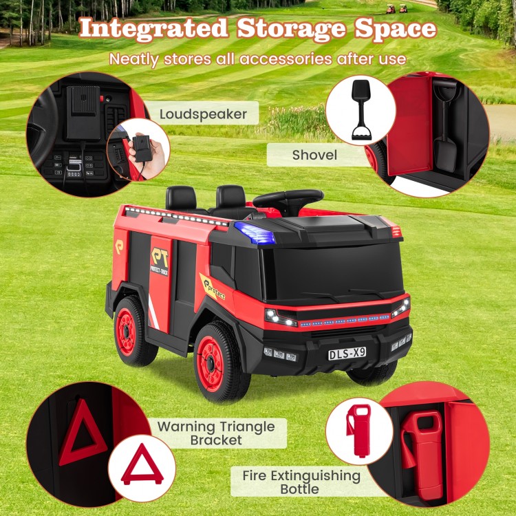 12V kids ride-on fire truck in red with integrated storage, water gun, and loudspeaker for fun outdoor play.