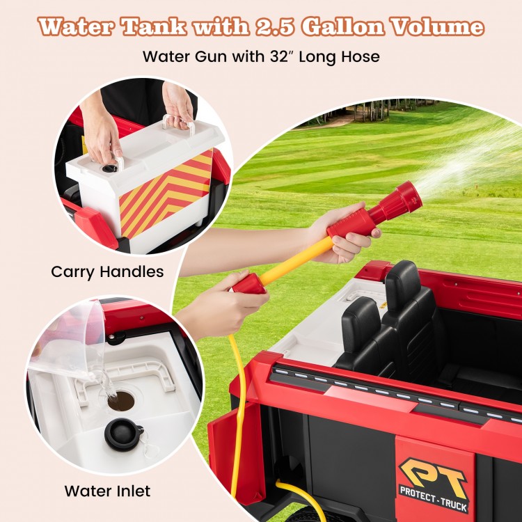 Water gun with 32" hose and 2.5-gallon tank on a red 12V kids ride-on fire truck for outdoor fun.