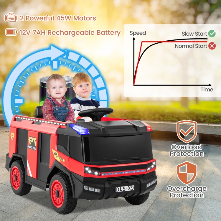 Red 12V kids ride-on fire truck with two seats, water gun, and remote control, perfect for outdoor fun.