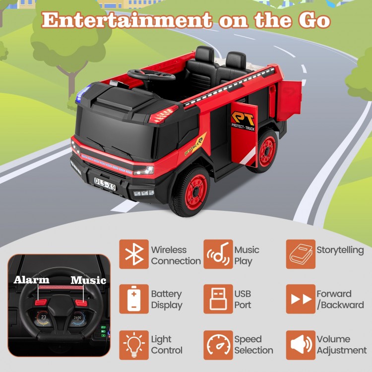 12V kids ride-on fire truck in red with remote control, water gun, and entertainment features for outdoor fun.