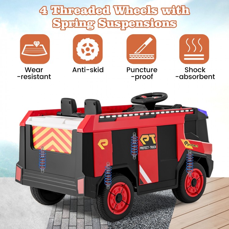 12V kids ride-on fire truck in red with 4 threaded wheels, spring suspensions, and water gun for outdoor fun.