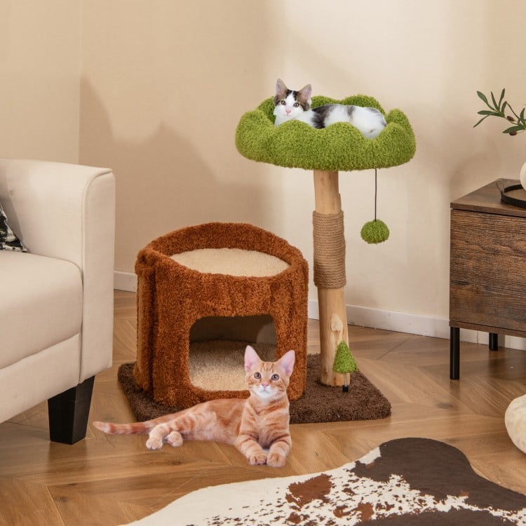 Multifunctional cat tree with a cozy top perch and private condo, featuring scratching posts and plush cushions for.