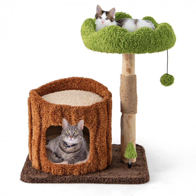 Multifunctional cat tree featuring a cozy condo, plush top perch, and sisal scratching post for feline relaxation and.