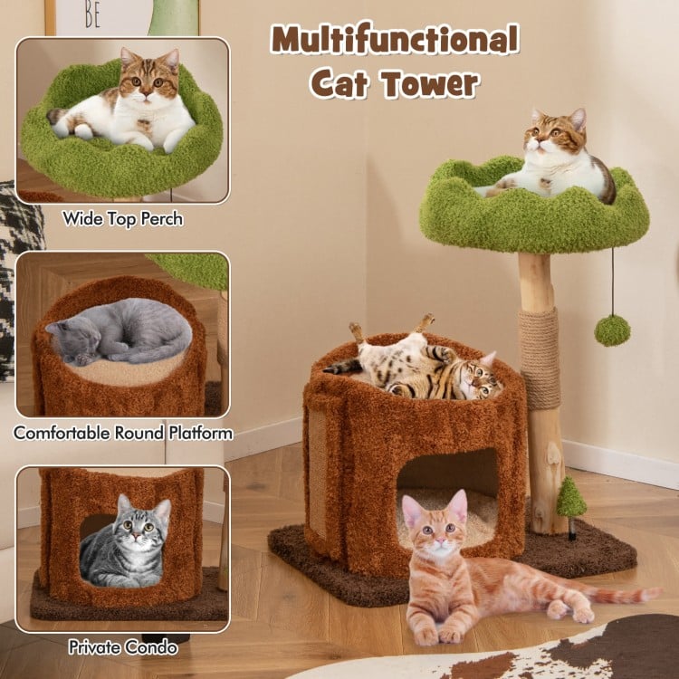 Multifunctional cat tower featuring a wide top perch, cozy condo, and sisal scratching post for feline relaxation.