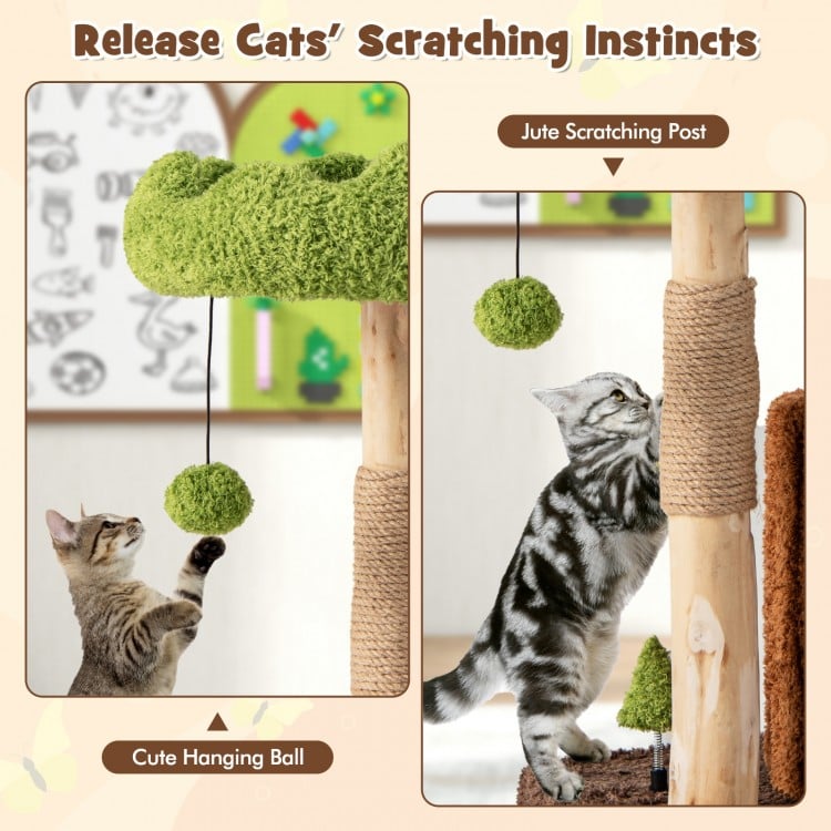 Multifunctional cat tree featuring a jute scratching post, plush cushions, and a cute hanging ball for feline fun.