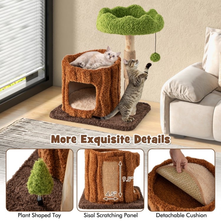 Multifunctional cat tree with a cozy condo, sisal scratching post, and plush top perch for feline relaxation and play.