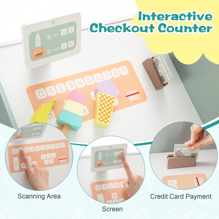 Interactive checkout counter from the Wooden Kids Grocery Store Playset with scanning area and credit card payment.