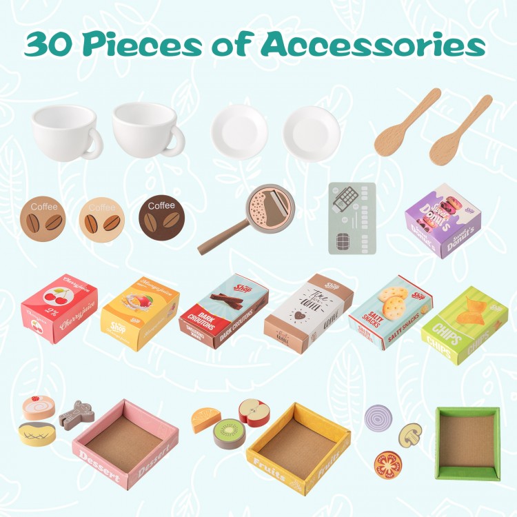 30 pieces of accessories including cups, coins, and food items for the Wooden Kids Grocery Store Playset.