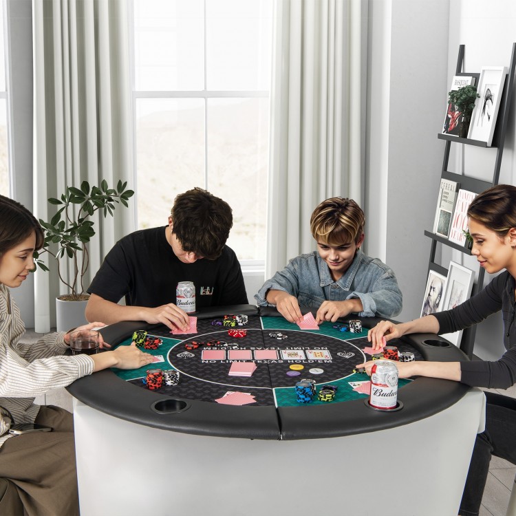 Round 48-inch foldable poker table with cushioned armrests, accommodating 6 players for game nights and gatherings.